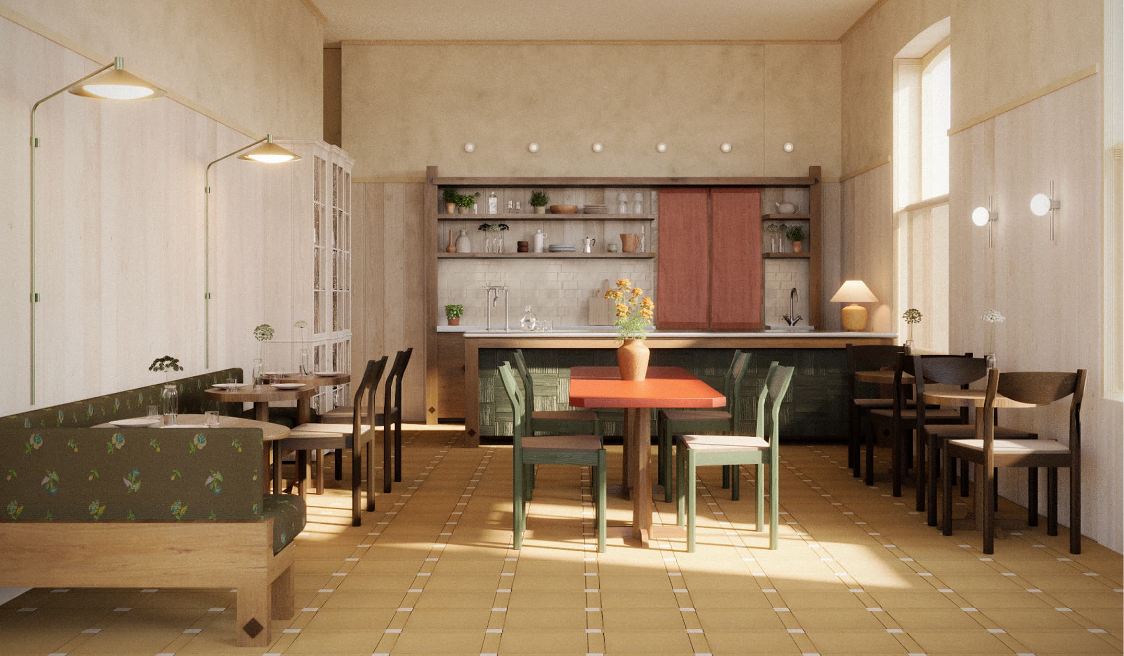 The guesthouse breakfast room with colourful furniture and sunlit tiled floor