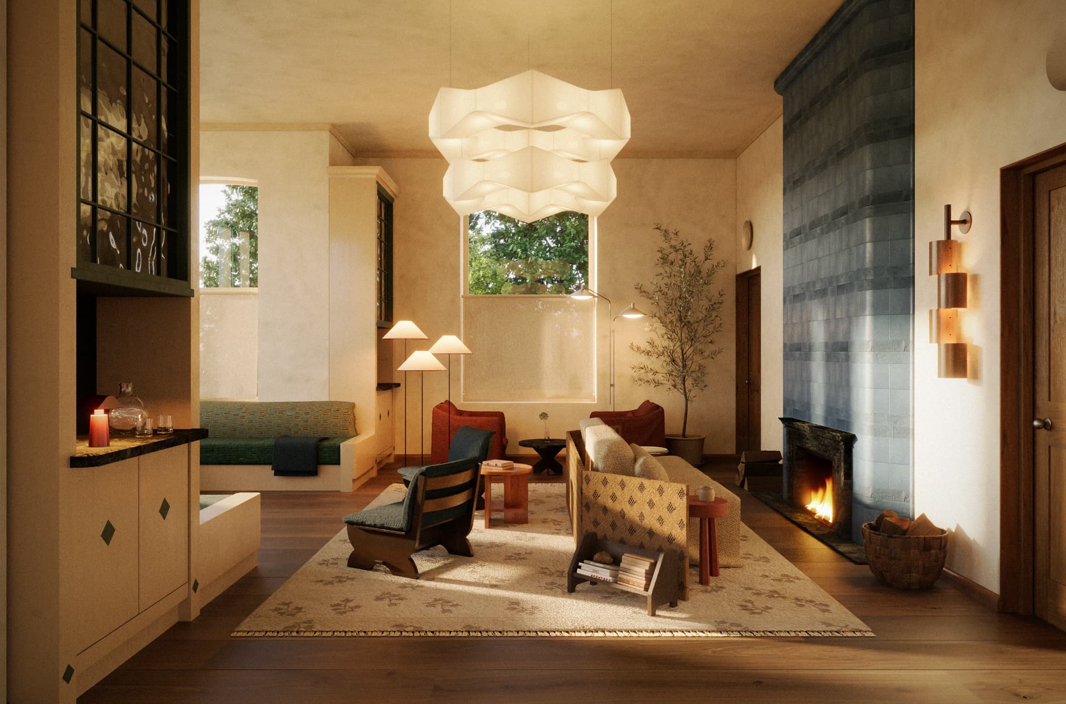 The guesthouse sitting room with fireside chairs and warm tones